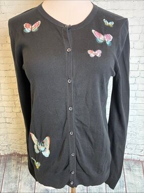 Ann Taylor Black Butterfly Embroidered Cardigan M Office Layering Workwear